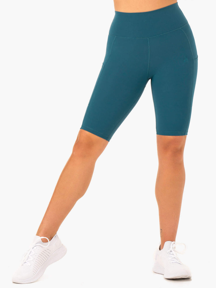 Damskie spodenki rowerowe z wysokim stanem i kieszeniami Reset Teal - Ryderwear